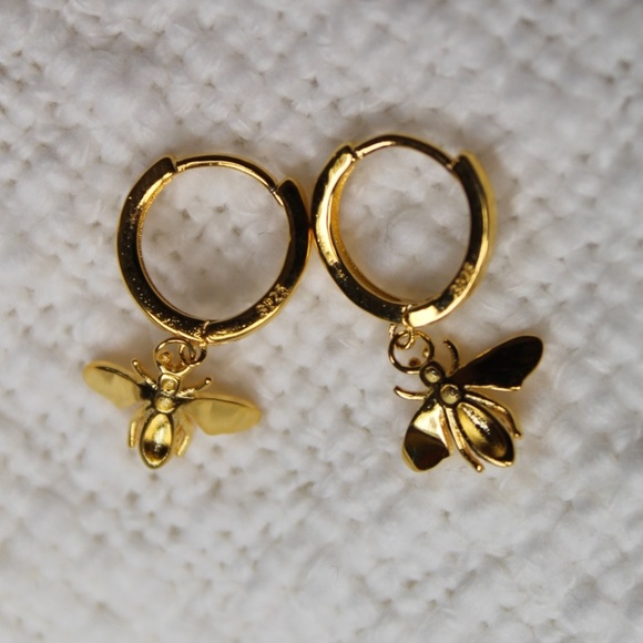 Sterling Silver Gold Huggie Hoop Bee Earrings - Picture 2 of 4